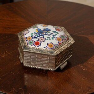 Vintage Cloisonne Porcelain Silverplate Bird Floral Trinket Box Love Birds 4.25"